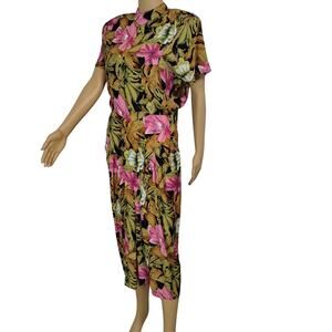 1980s Playful Floral Print Wiggle Dress Shoulder Pads Button Up Back Size Small
